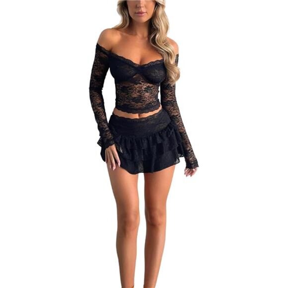 Y2K Lace Mesh Tube Top Mini Skirt Set Women's Sexy Sheer Bodycon Outfit - Picture 2 of 6